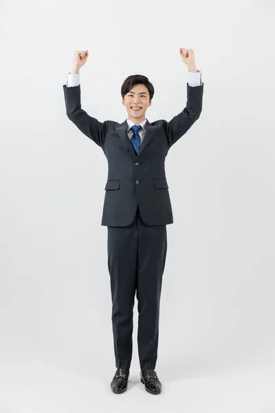 Smiling Young Asian Handsome Employee Man Achieved Success Concept — Stock Fotó