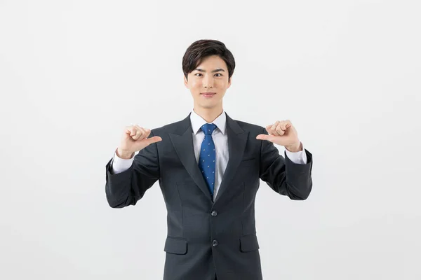 Feliz Homem Asiático Trabalhador Homem Negócios Apontando — Fotografia de Stock