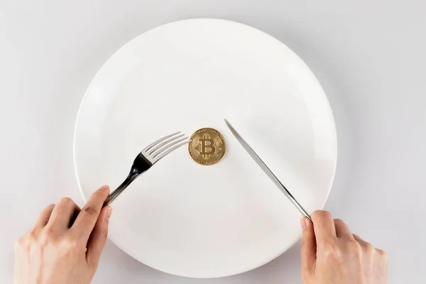 Nóż Widelec Bitcoin Talerzu — Zdjęcie stockowe