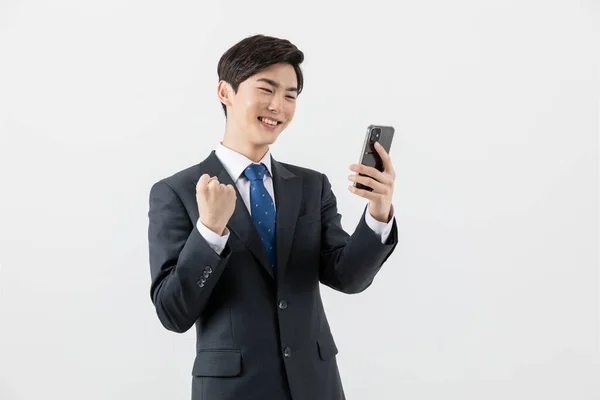 Asian Man Businessman Happy Checking Smartphone — Photo