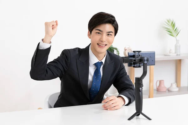 Asian Young Man Suit Preparing Untact Online Interview Using Smartphone — Stok fotoğraf