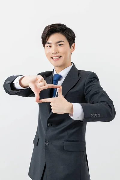 Happy Asian Man Worker Businessman Making Square Fingers — Stock Fotó