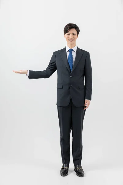Asian Man Businessman Employee Guiding One Hand — Photo