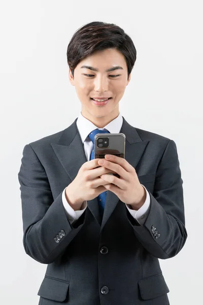 Asian Man Businessman Smiling Smartphone — Photo