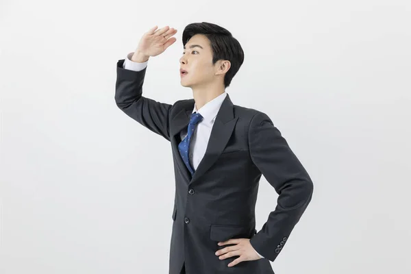 Young Asian Handsome Man Suit Businessman Looking Far Away — Stok fotoğraf