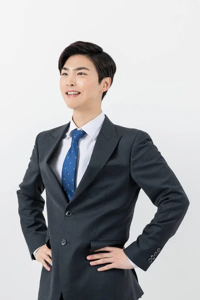 Young Asian Handsome Employee Man Hands Waist — Stok fotoğraf