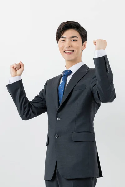 Smiling Young Asian Handsome Employee Man Achieved Success Concept — ストック写真