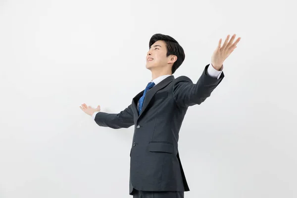 Smiling Young Asian Handsome Employee Man Achieved Success Concept — Stock Photo, Image