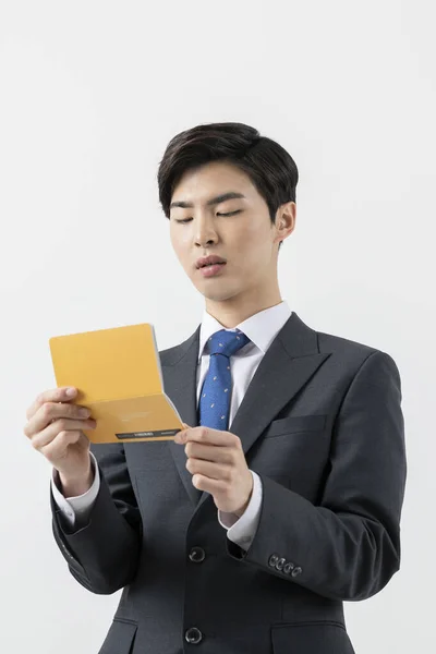 Asian Man Employee Checking His Balance Bank Book — Photo