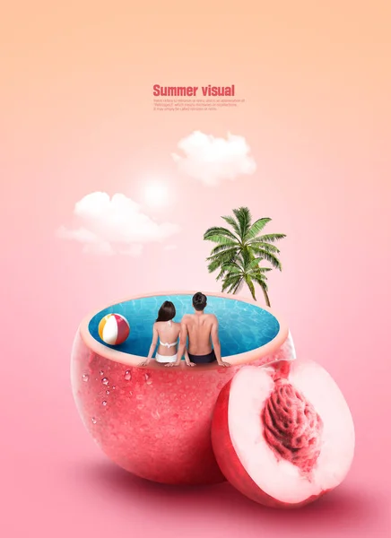 Verão Gráfico Visual Casal Asiático Maiô Biquíni Com Objeto Tropical — Fotografia de Stock