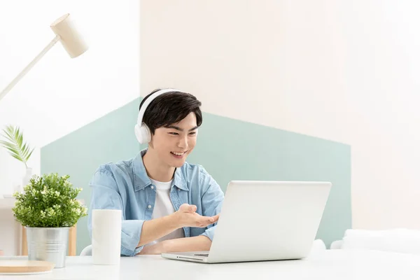 Asian Handsome Young Man Headset Video Calling Using Laptop — Photo