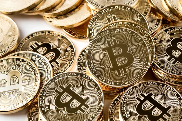 Συσσωρευμένο Διασκορπισμένο Αντικείμενο Bitcoin Έννοια Cryptocurrency — Φωτογραφία Αρχείου