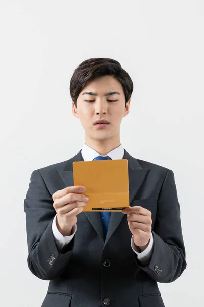 Asian Man Employee Checking His Balance Bank Book — Photo