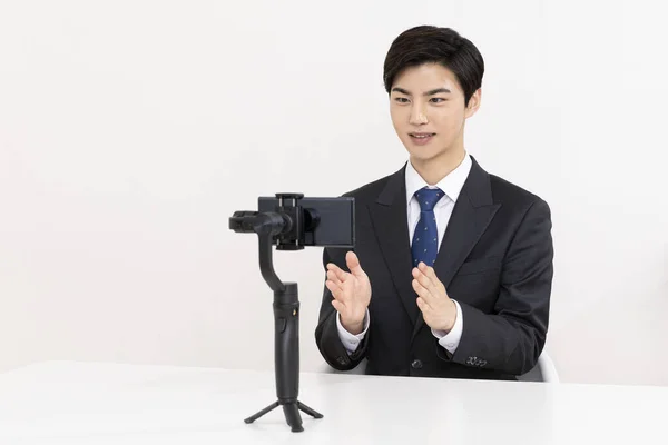 Asian Young Man Suit Preparing Untact Online Interview Using Smartphone — Photo