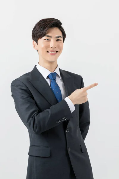 Happy Asian Man Worker Businessman Laughing While Pointing Side — Stock Photo, Image