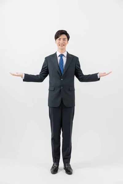 Asian Man Businessman Employee Guiding Two Hands — Stock Photo, Image