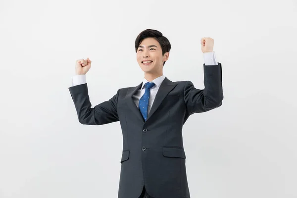 Sorridente Jovem Asiático Bonito Empregado Homem Alcançado Sucesso Conceito — Fotografia de Stock
