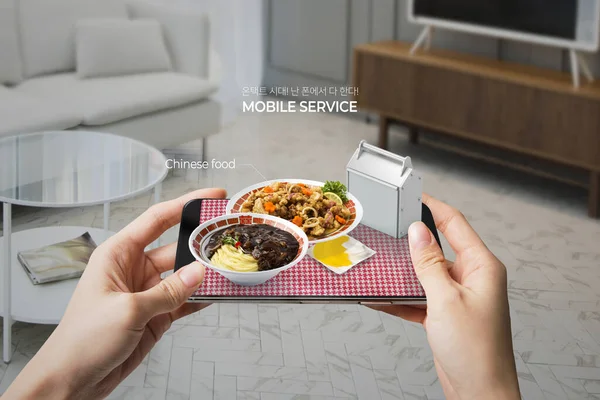 mobile services in untact era concept, mobile food ordering, sweet and sour pork, noodles