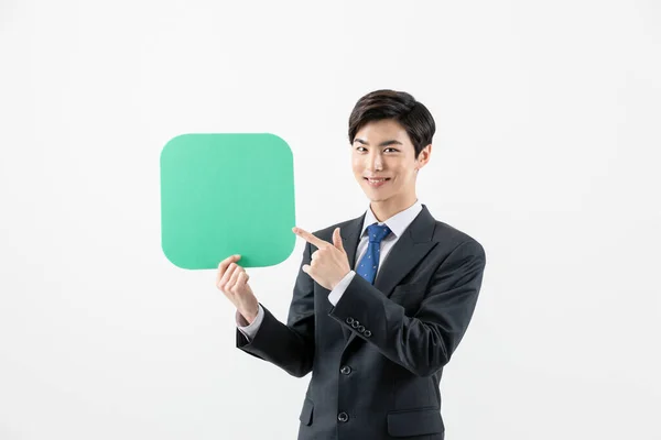 Glücklicher Asiatischer Mann Zeigt Auf Banner Der Copyspace App — Stockfoto