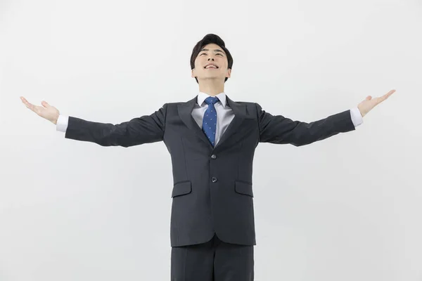 Sorridente Jovem Asiático Bonito Empregado Homem Alcançado Sucesso Conceito — Fotografia de Stock