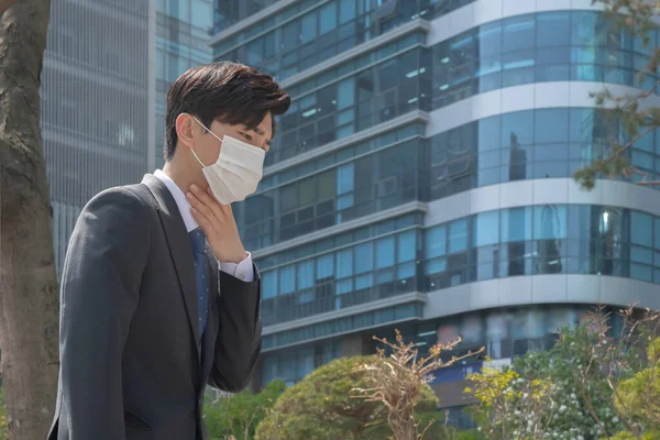 Asian Man Employee Mask Coughing Due Fine Dust — Stok fotoğraf