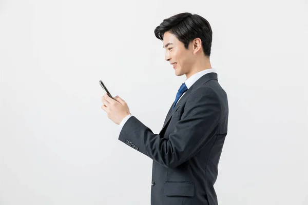 Asian Man Businessman Employee Checking Smartphone — Stok fotoğraf