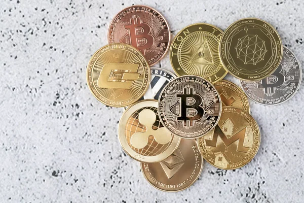 Ditumpuk Menyebarkan Objek Bitcoin Konsep Cryptocurrency — Stok Foto