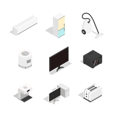 a variety of home gadget objects, isometric vector set clipart