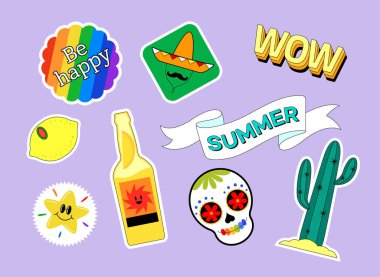 hip, fashionable retro colorful sticker set clipart