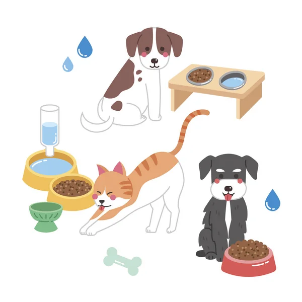 Cats Dogs Eating Food Drinking Water — ストックベクタ
