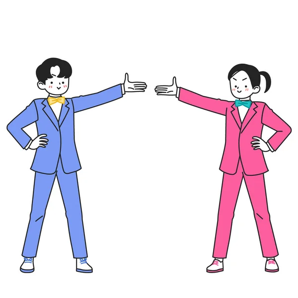 Shopping Event Characters Colorful Suit Pointing Copyspace — Stok Vektör