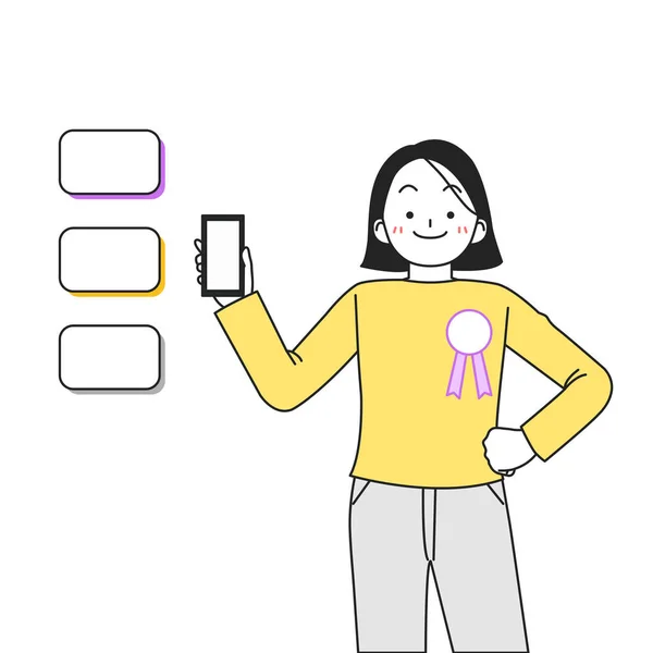 Shopping Review Rating Concept Girl Character Holding Phone Copyspaces — ストックベクタ