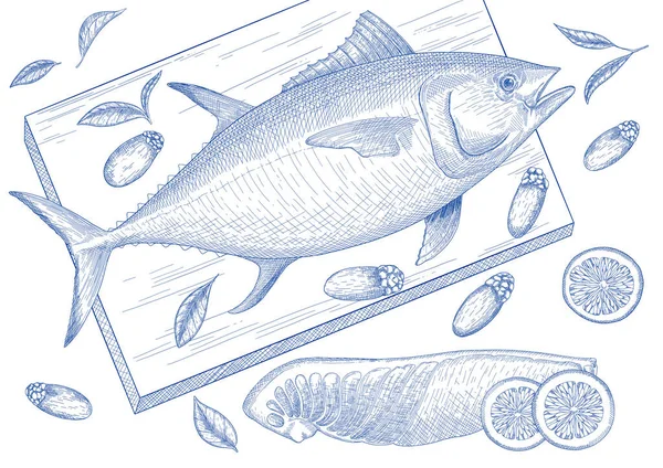 Tonfisk Sjöpung Skaldjur Pennstil Illustration — Stock vektor