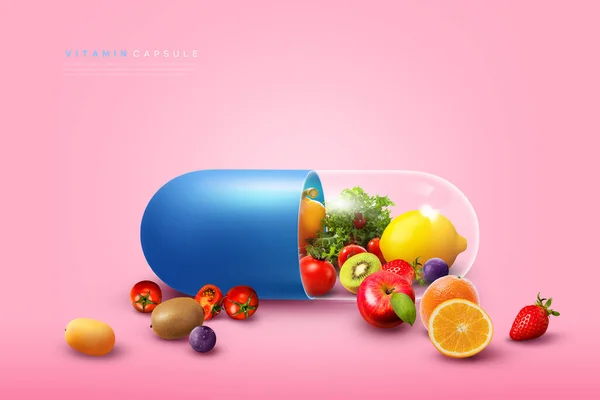 Weergave Van Vitamine Capsule Met Groenten Fruit — Stockfoto
