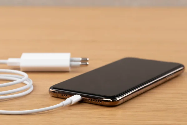 Smartphone and charger adapter placed over wooden background