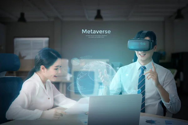 Asian woman and man in a virtual meeting through metaverse