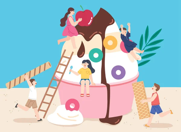 People Enjoying Summer Life Eating Huge Ice Cream — Stock Vector