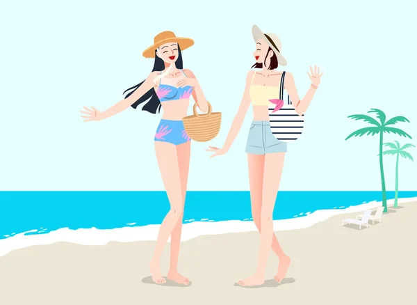 Férias Verão Amigos Menina Divertindo Praia —  Vetores de Stock