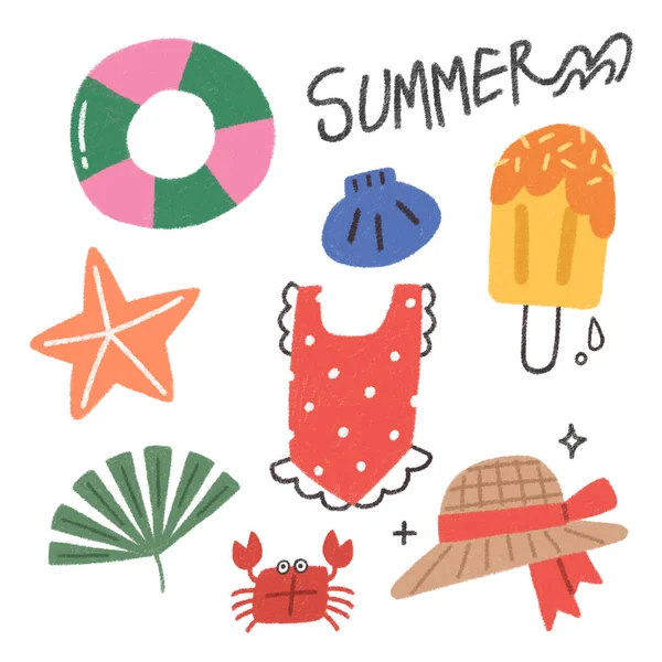 Summer Nature Cute Drawing Sticket Icon Set — Stock Vector