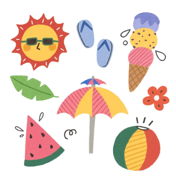 Summer Nature Cute Drawing Sticket Icon Set — Stock Vector