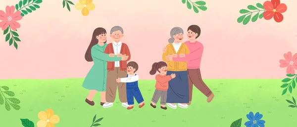 Drei Generationen Familie Umarmen Frühlingsblumenrahmen — Stockvektor