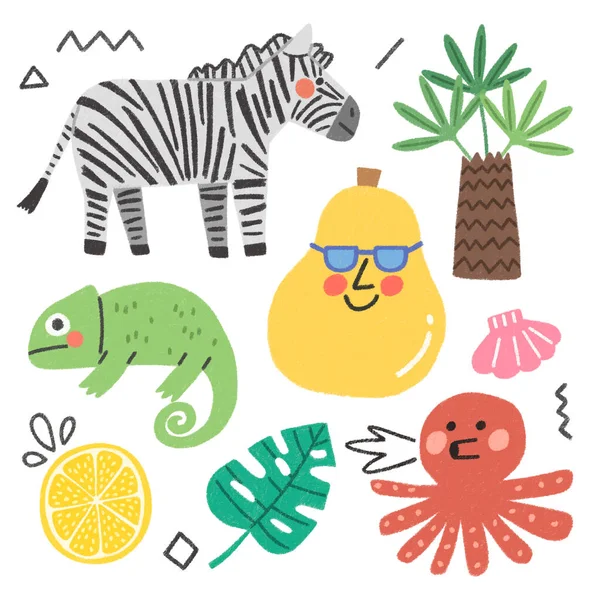 Summer Nature Cute Drawing Sticket Icon Set Stock Illustration