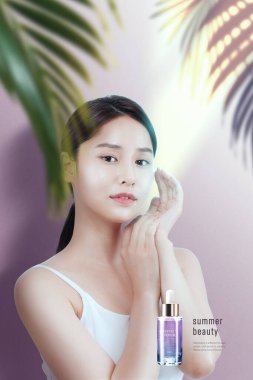 summer beauty, young Asian Korean model with mock up cosmetics, skincare beauty poster clipart
