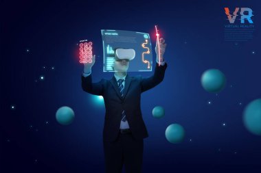 Asian man in suit enjoying VR virtual reality, 3d rendered graphic clipart