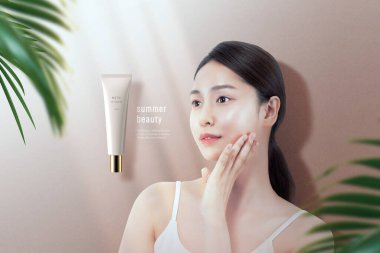 summer beauty, young Asian Korean model with mock up cosmetics, skincare beauty poster clipart