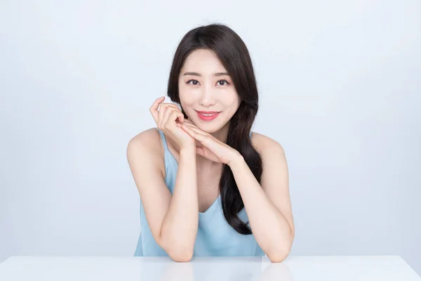 Beautiful Korean Asian Young Woman Model Hand Motion Skin Beauty — Stock Photo, Image