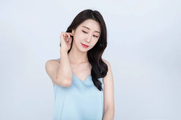 Schöne Koreanische Asiatische Junge Frau Modell Mit Handbewegung Haut Beauty — Stockfoto