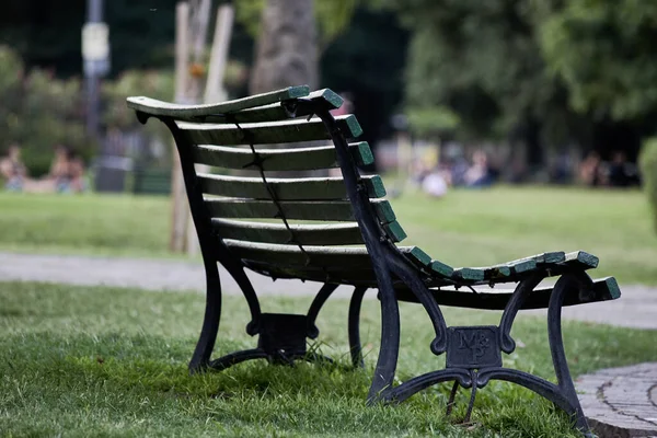 Banco Plaza Verde Vaco Visto Desde Atrs Con Fondo Desenfocado — Foto Stock