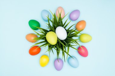 Bir daire içinde düzenlenmiş renkli Paskalya yumurtaları