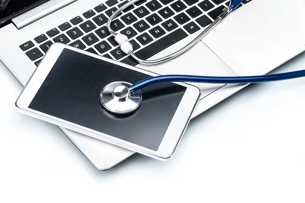 Network Security, stethoscope and Digital Tablet on laptop keybo — Stock Photo, Image